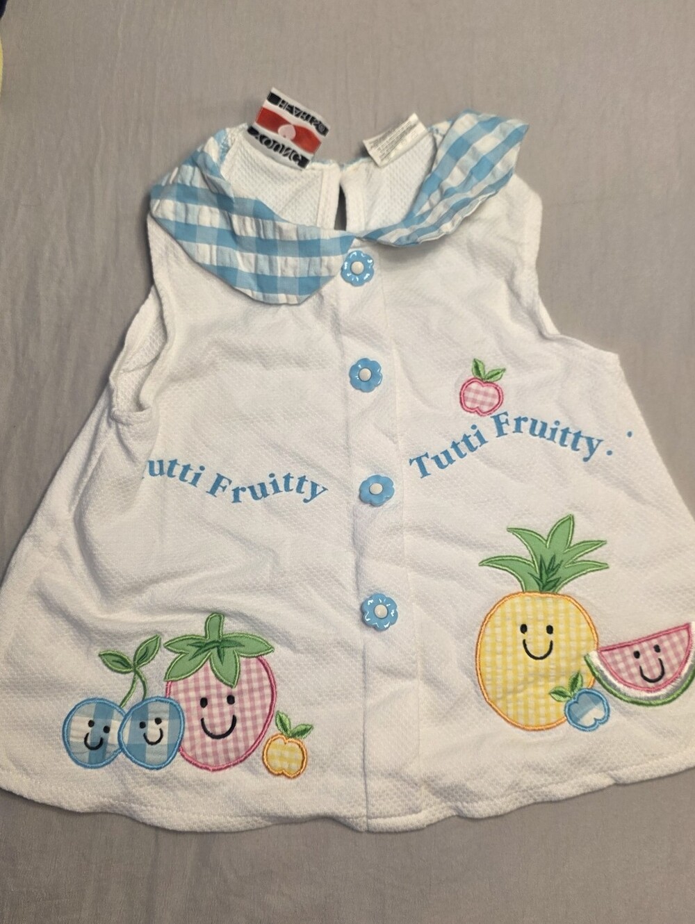 Tutti Fruitty White Sleeveless Baby Dress Blue Gingham Trim